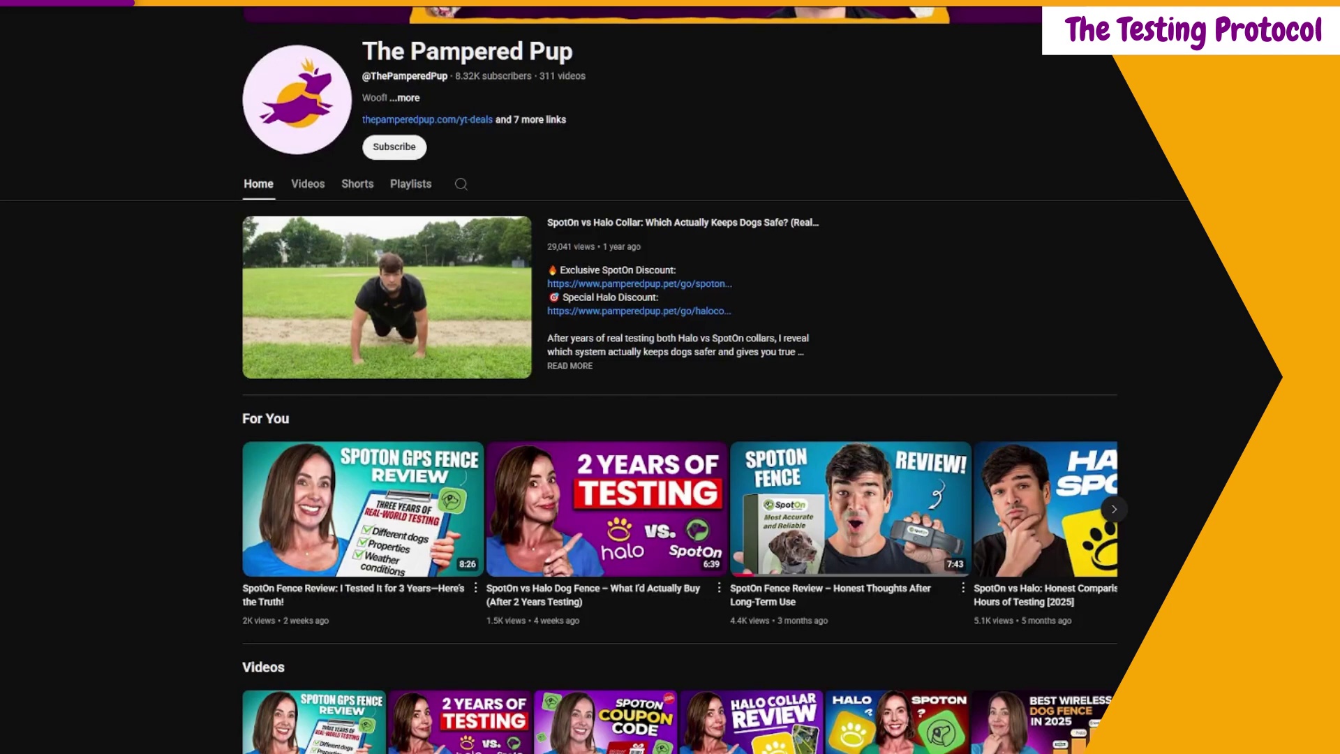 The Pampered Pup YouTube channel showing GPS dog fence review videos including SpotOn fence review and SpotOn vs Halo comparison