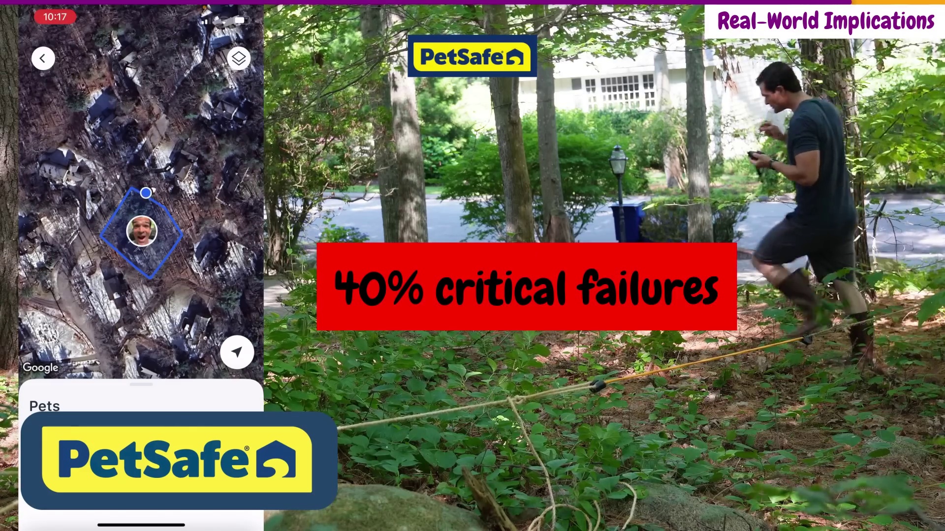 Zach Lovatt testing PetSafe Guardian GPS dog fence under dense tree cover with PetSafe app showing boundary map — 40 percent critical failure rate