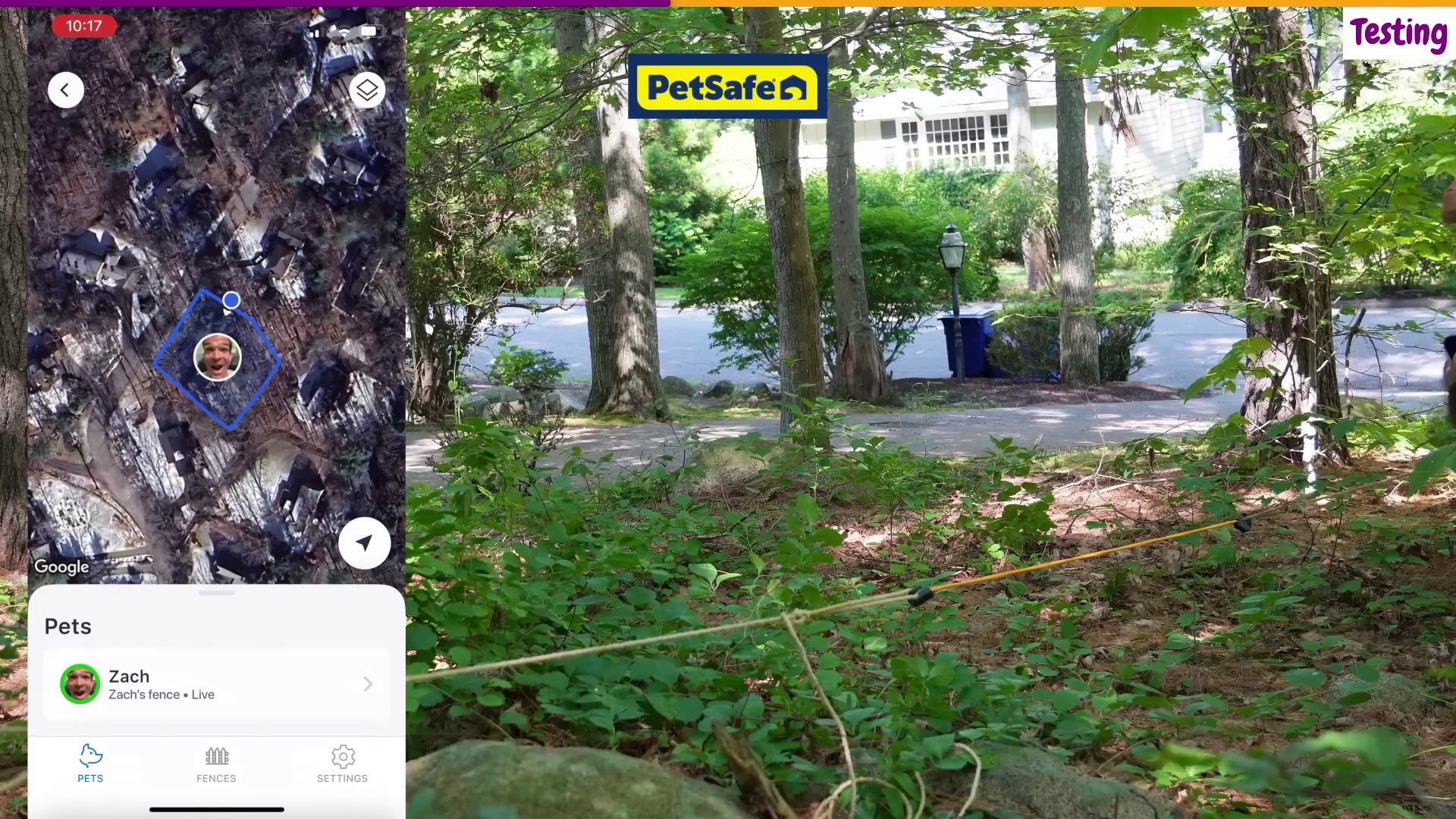 PetSafe Guardian GPS dog fence app showing satellite boundary map alongside dense tree cover testing environment with rope boundary line