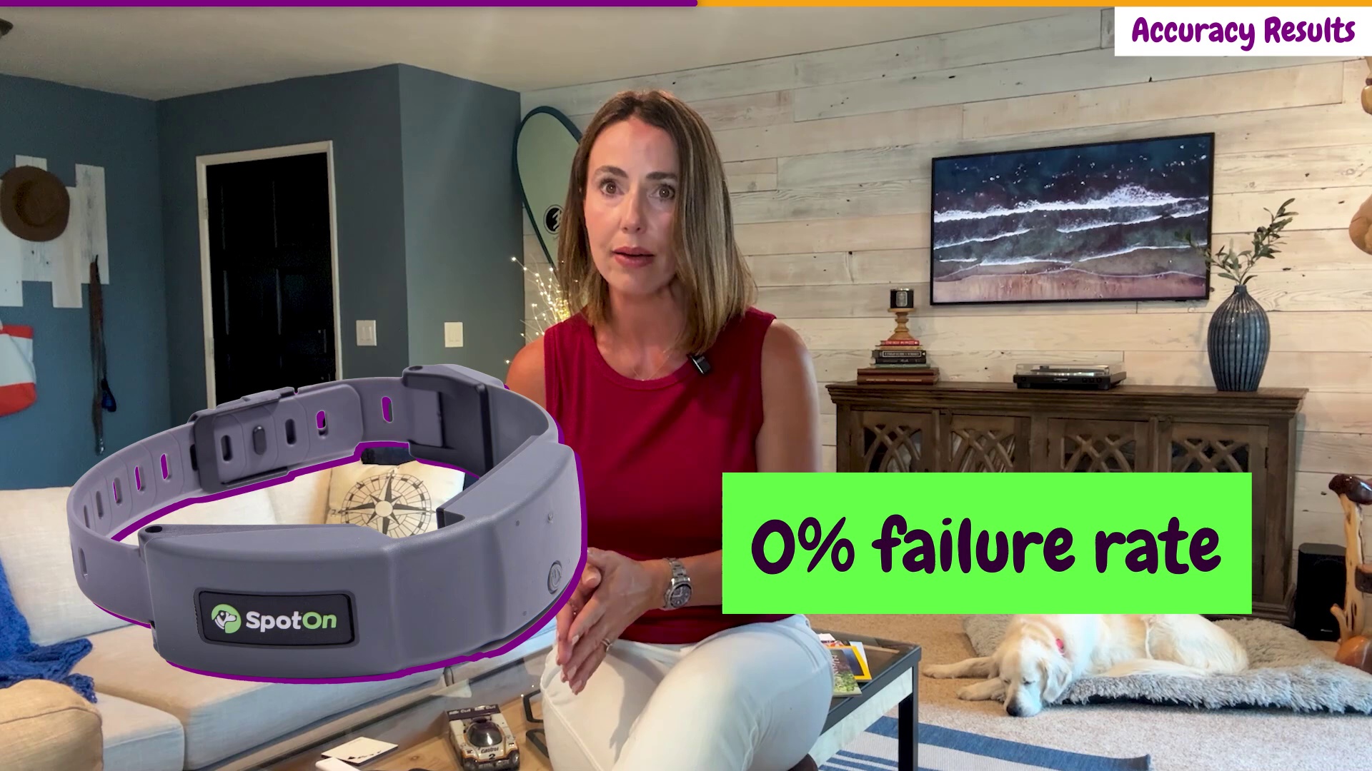 Kristen Simoes presenting SpotOn Nova GPS fence accuracy results showing 0 percent failure rate with the SpotOn collar and Kona the dog resting nearby