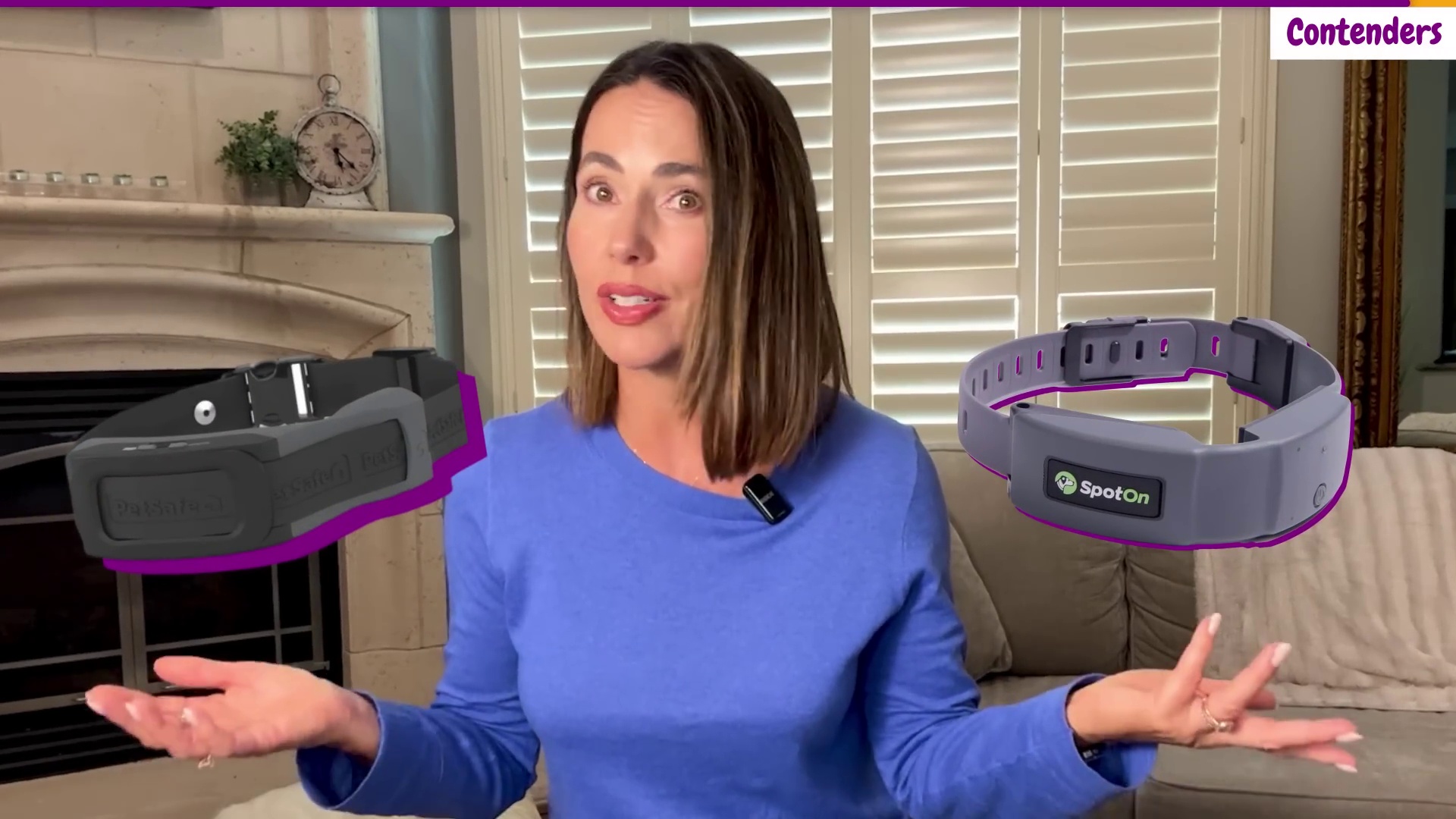 Kristen Simoes holding PetSafe Guardian 2.0 collar and SpotOn Nova collar side by side for GPS dog fence comparison testing