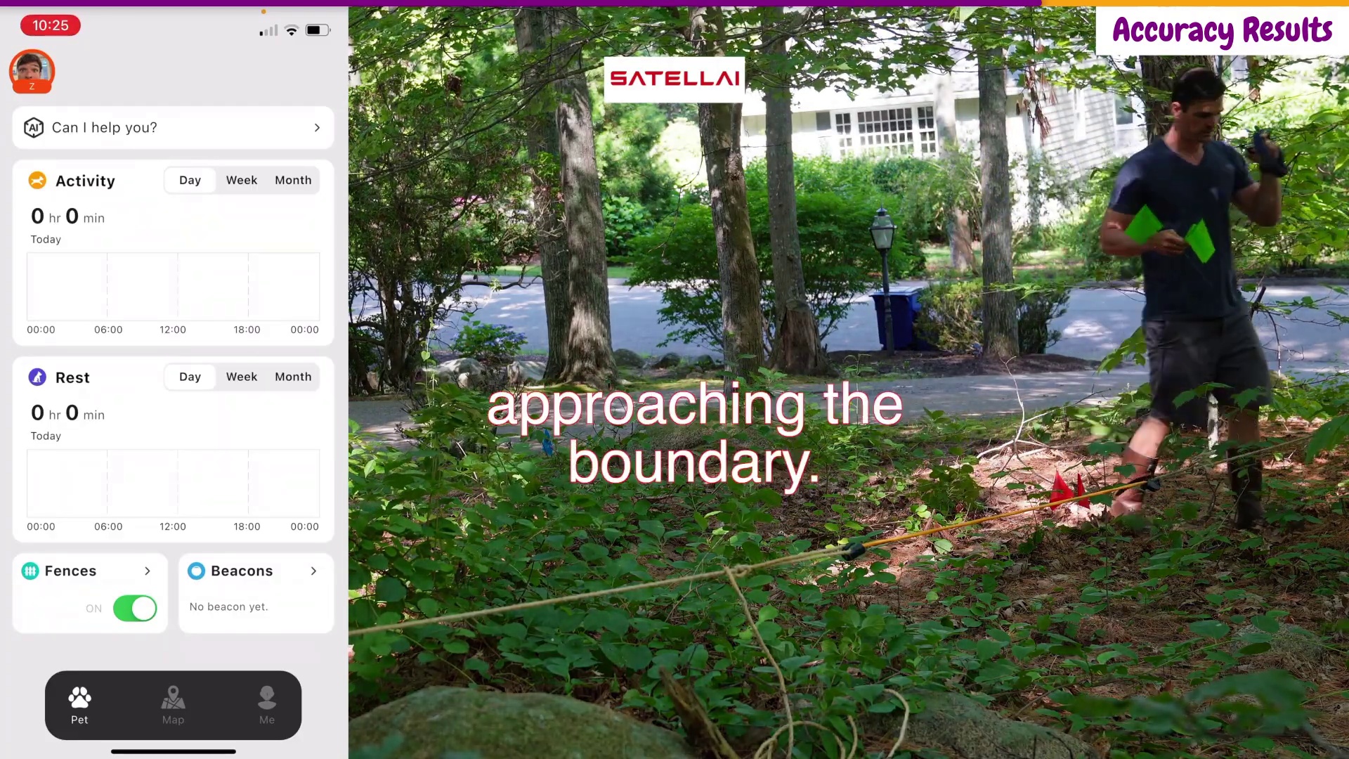 Satellai app showing zero activity data alongside Zach approaching the GPS fence boundary during accuracy testing with red flags marking the boundary line