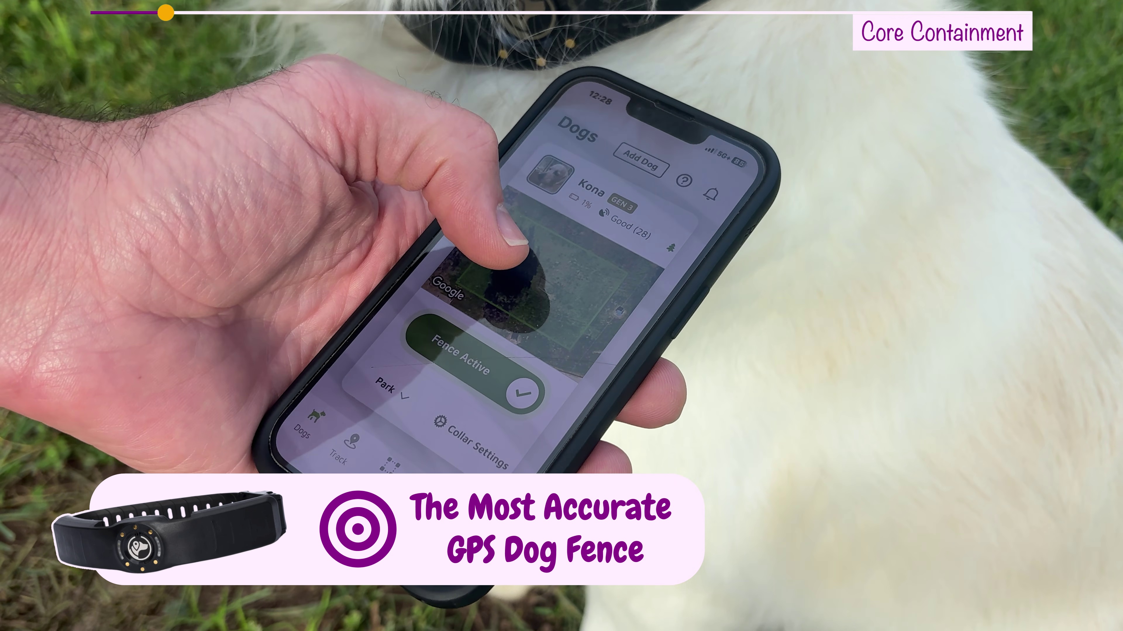 SpotOn Nova GPS dog fence app showing Kona's live position and active fence boundary on a smartphone